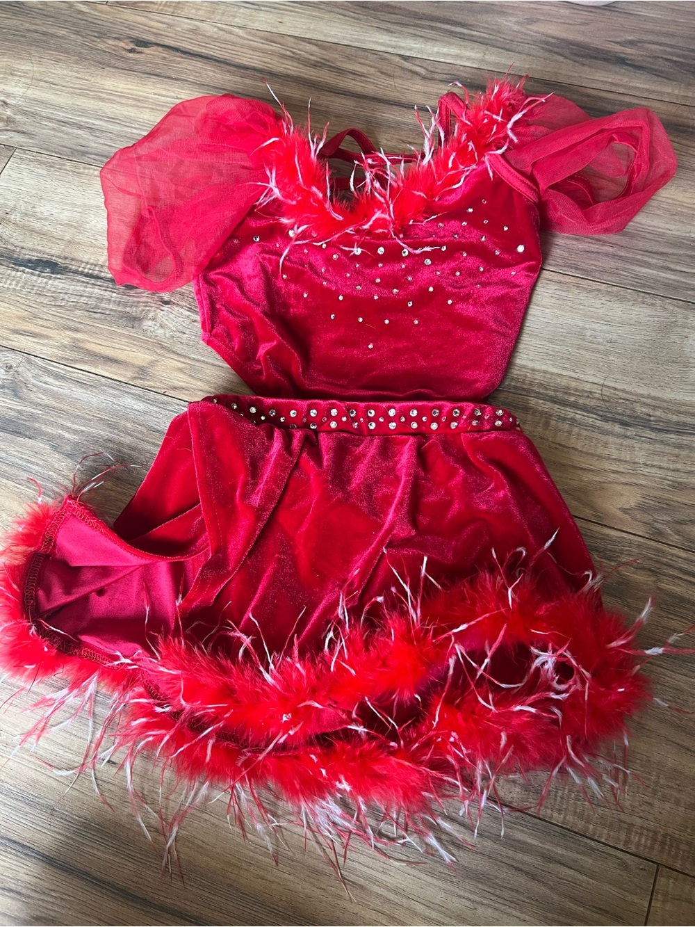 Weissman Red Feathered Girls' Dance Dress with Rhinestones